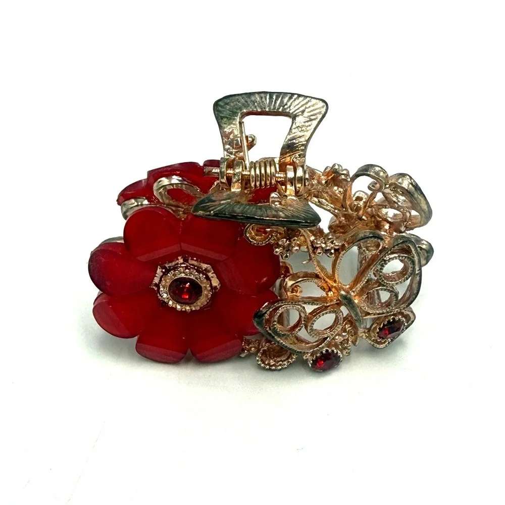 Red Flower Butterfly Hair Claw Clip Gold Tone Rhinestone Filigree Accessory